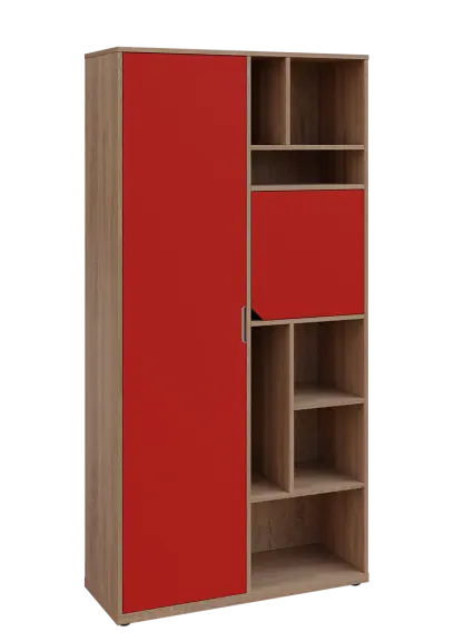 KSR6-83 L skříň šatní, 1x výsuvné ramínko, dvířka, niky, 2053x1022x400 mm, provedení levé, dub bardolino/červená